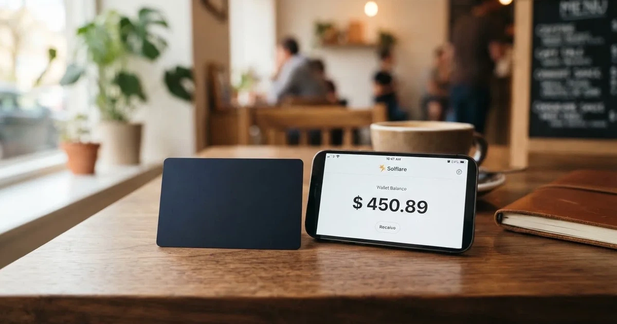 A payment card next to a phone with a crypto wallet app open
