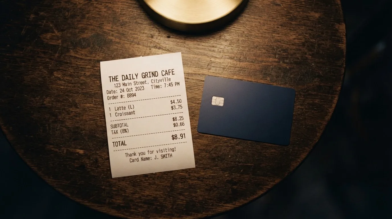 A receipt and a card on a café table