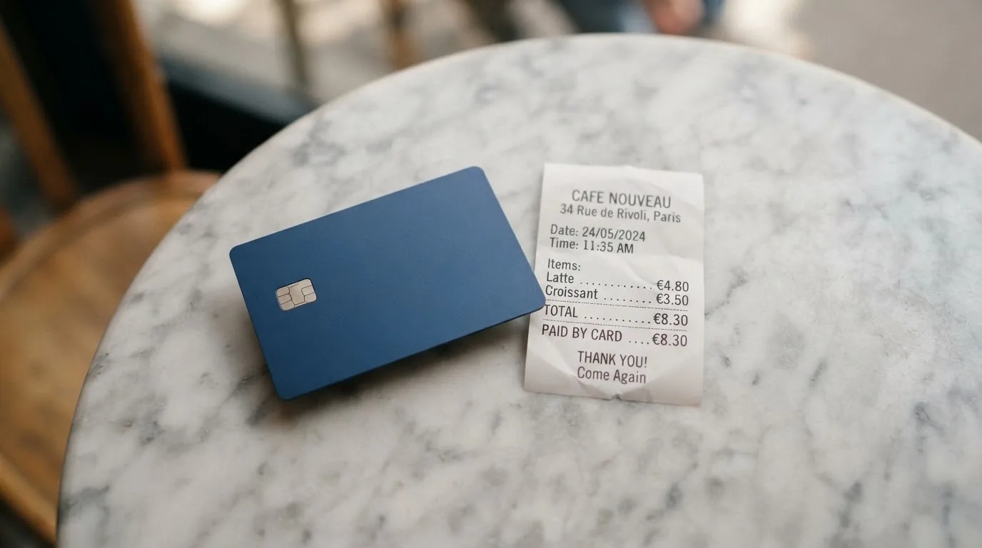 A receipt and a card on a café table