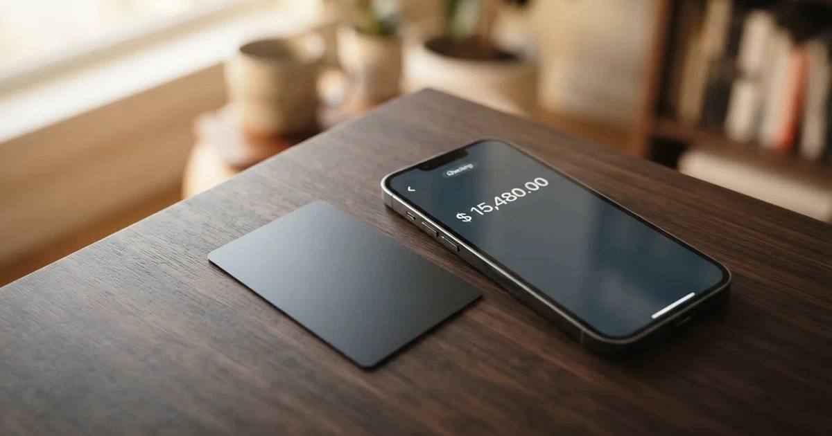 A payment card next to a phone with a crypto wallet app open
