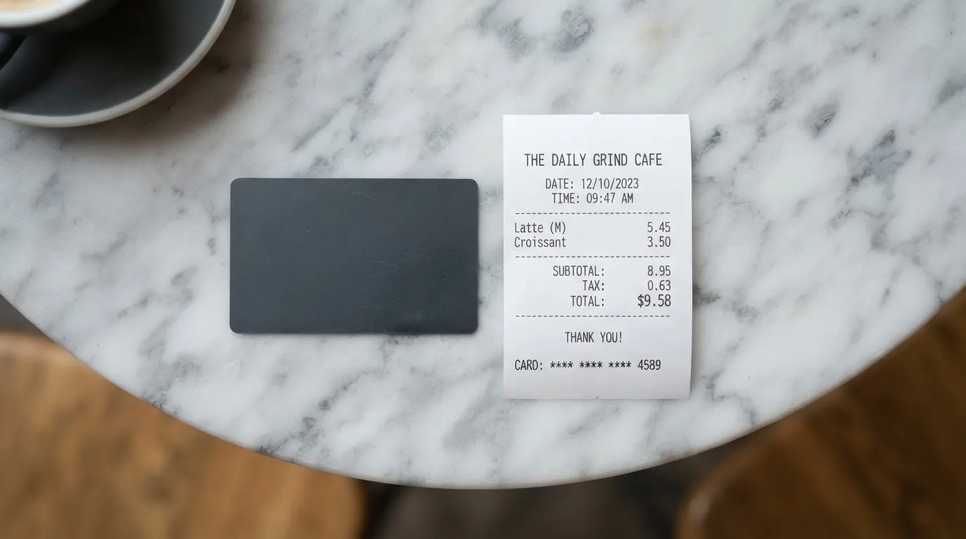 A receipt and a card on a café table