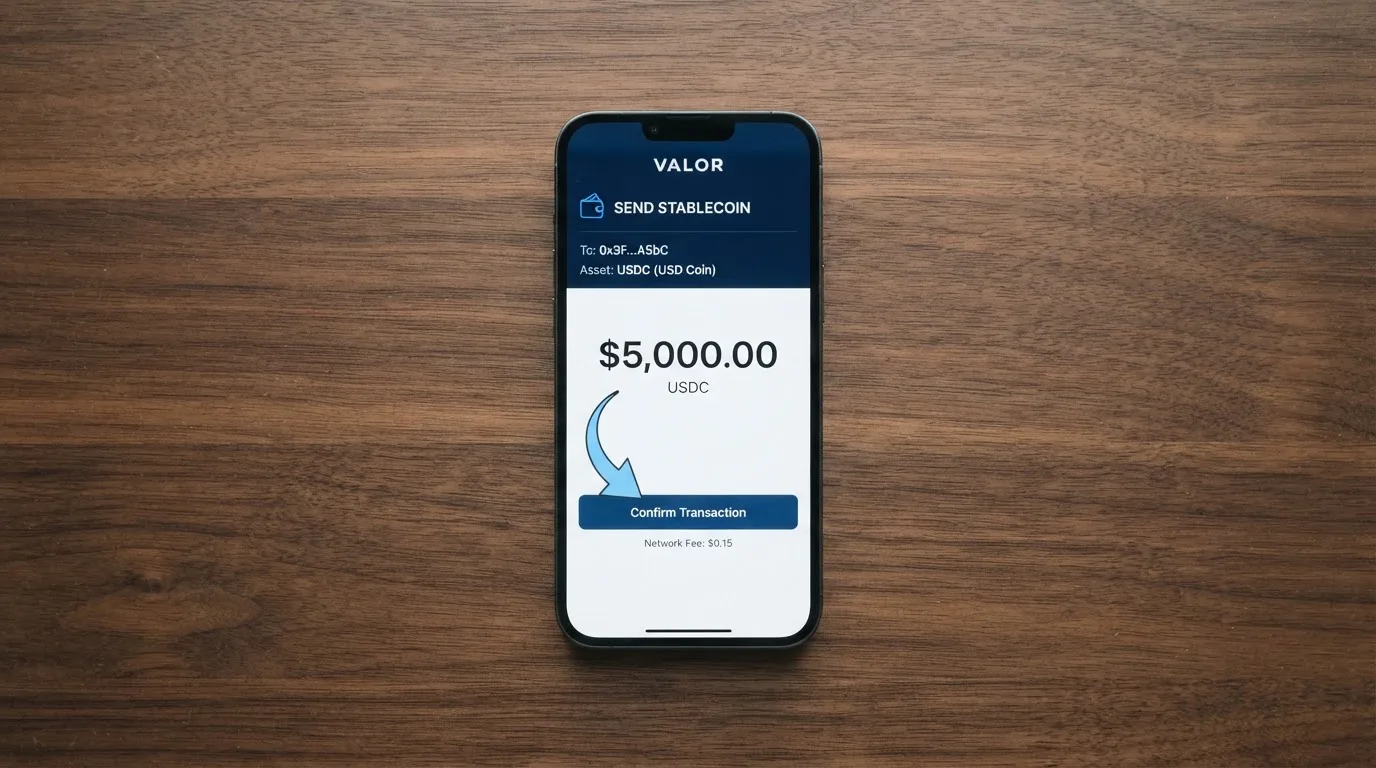 A phone showing a stablecoin transfer screen