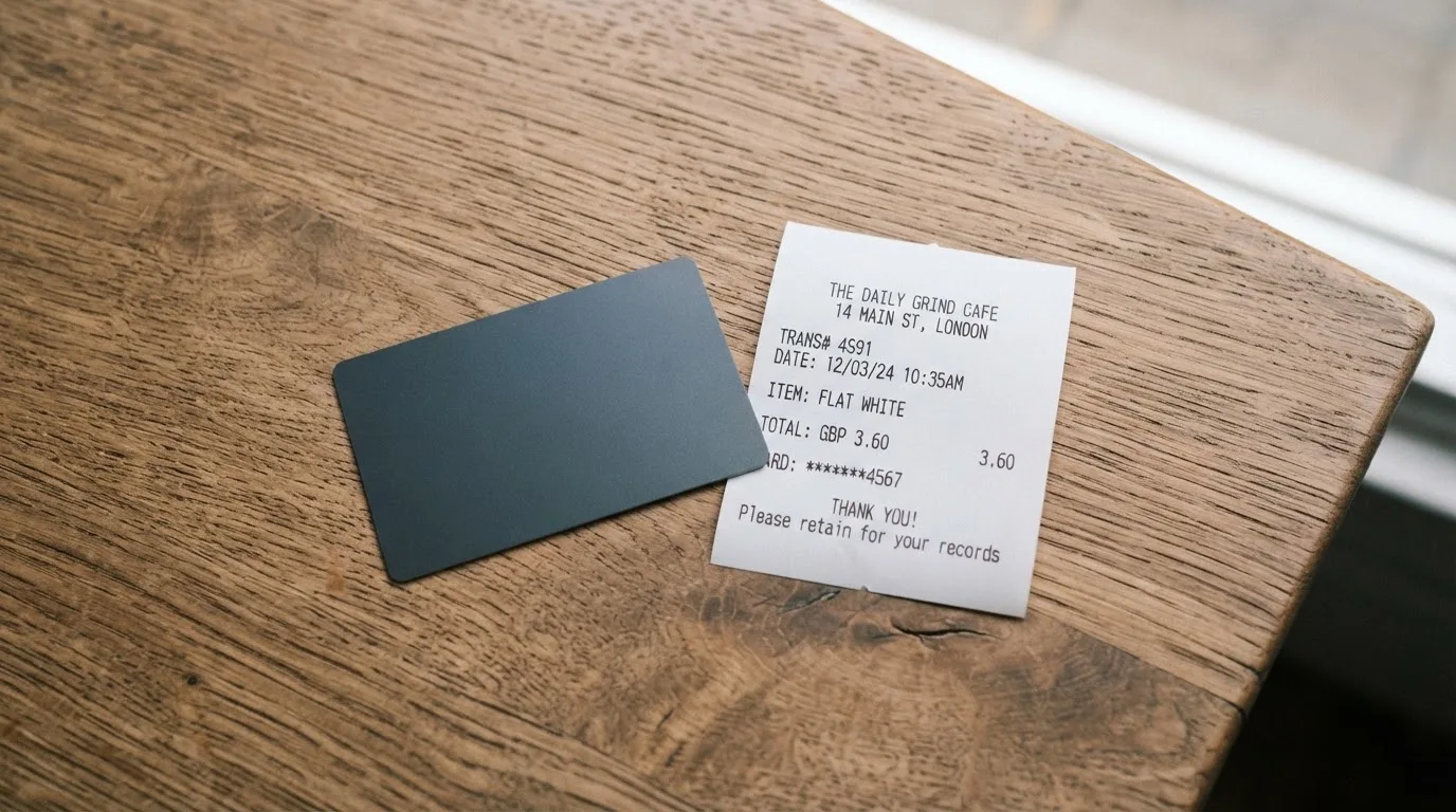 A receipt and a card on a café table