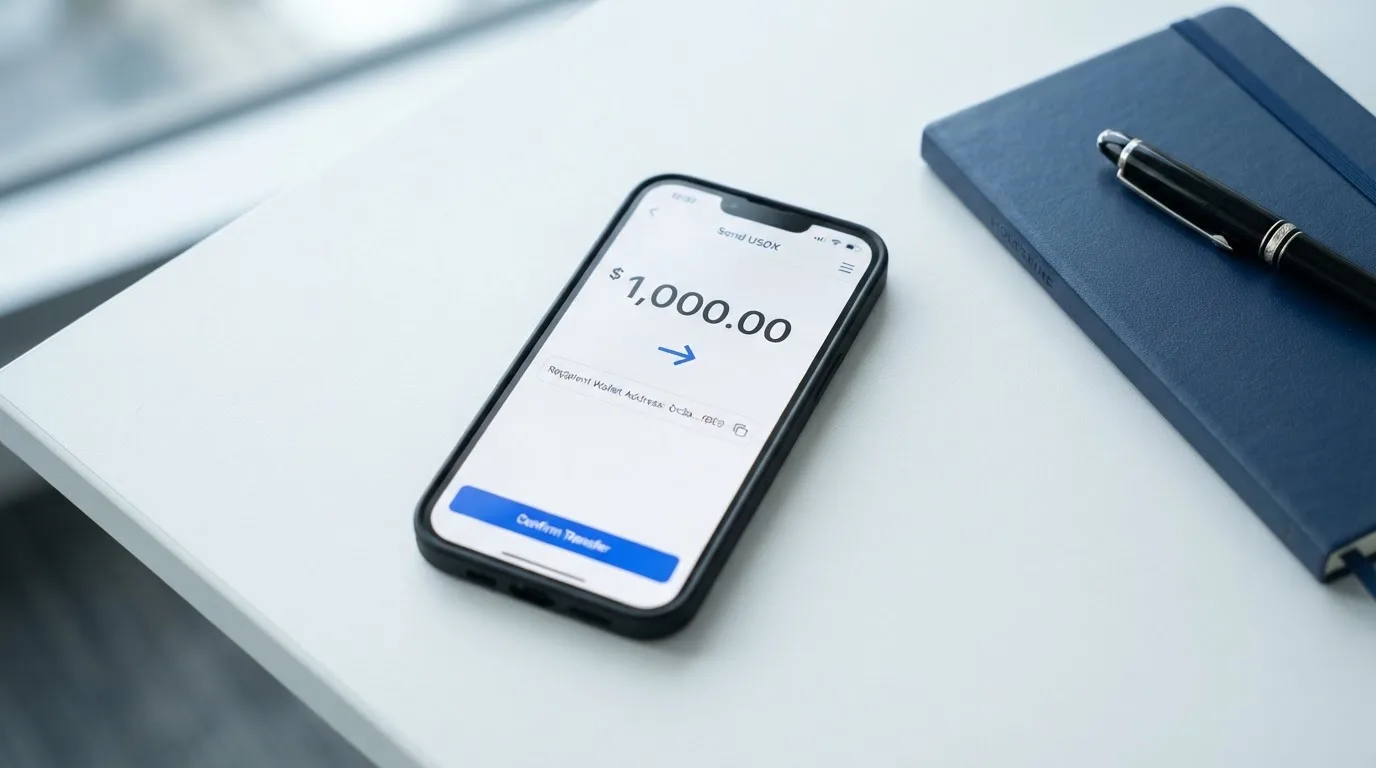 A phone showing a stablecoin transfer screen
