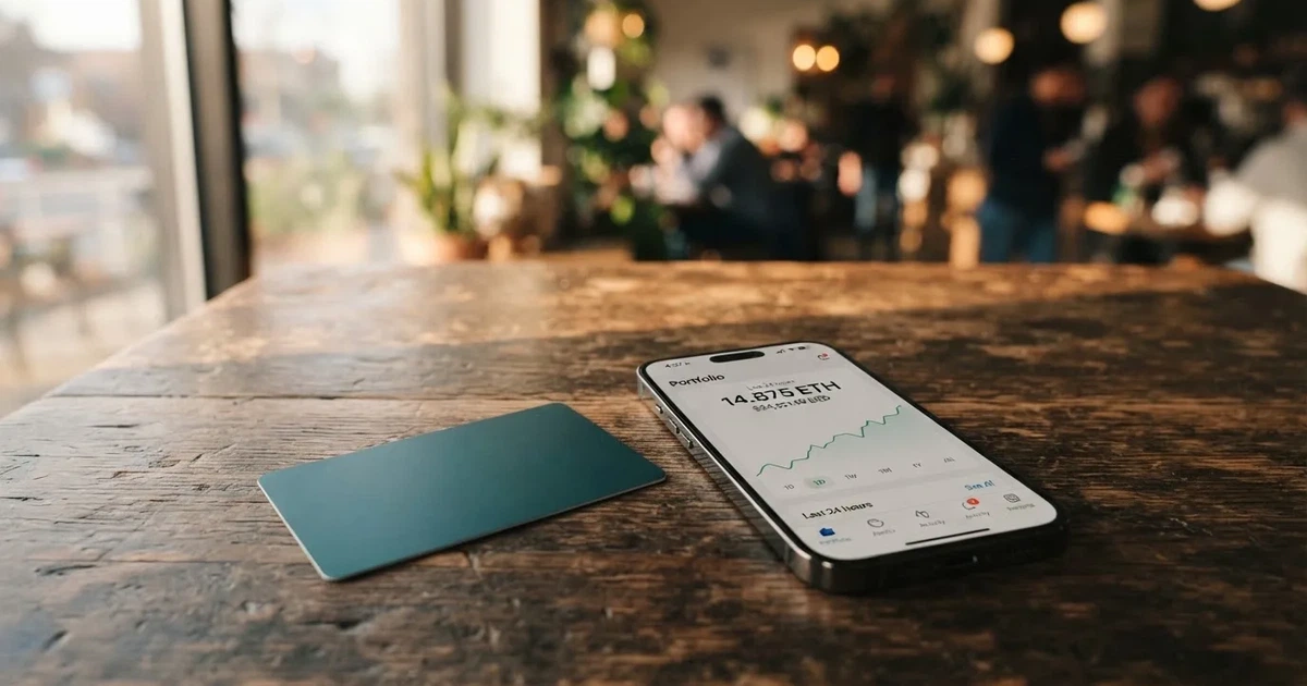 A payment card next to a phone with a crypto wallet app open