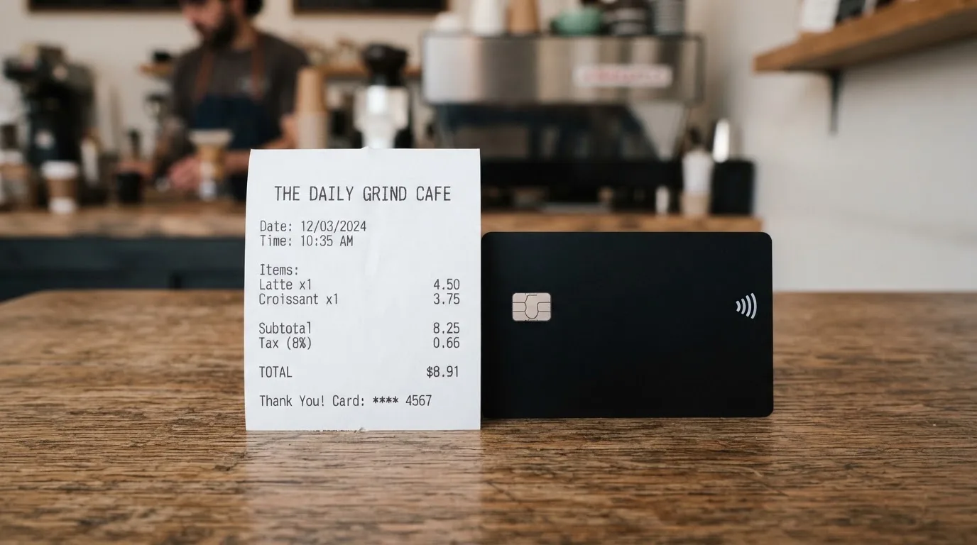A receipt and a card on a café table