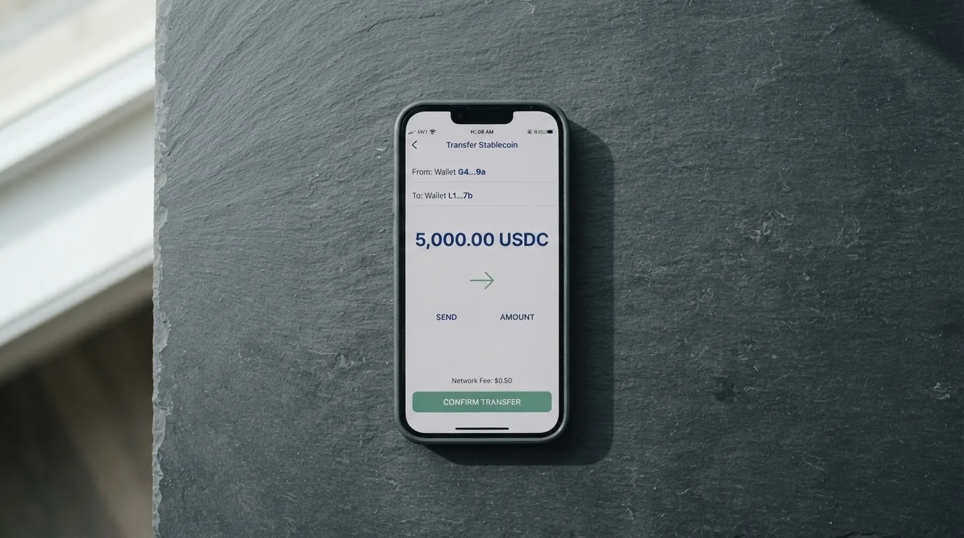 A phone showing a stablecoin transfer screen