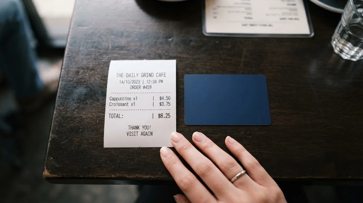 A receipt and a card on a café table