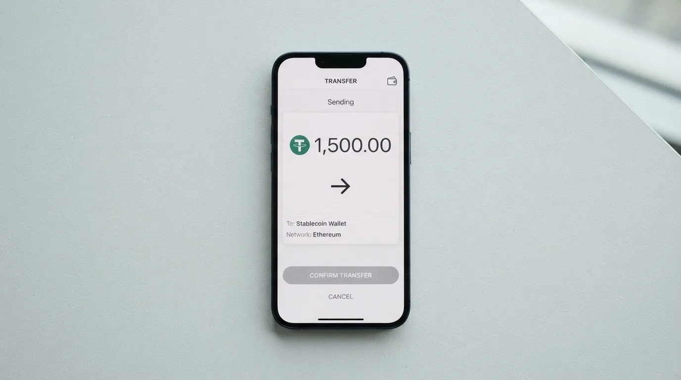 A phone showing a stablecoin transfer screen