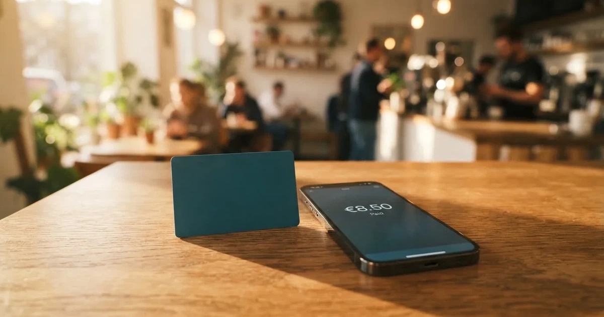 A payment card next to a phone with a crypto wallet app open