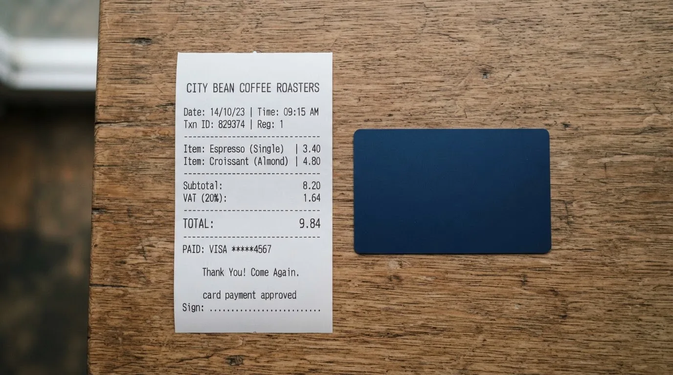 A receipt and a card on a café table