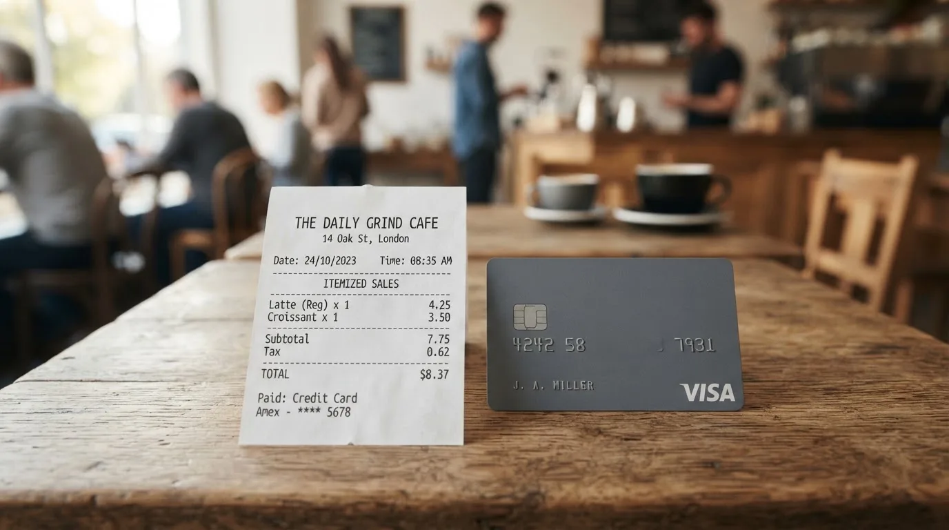 A receipt and a card on a café table