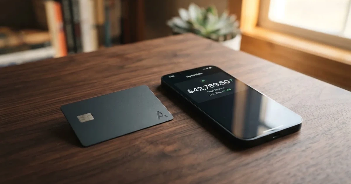 A payment card next to a phone with a crypto wallet app open