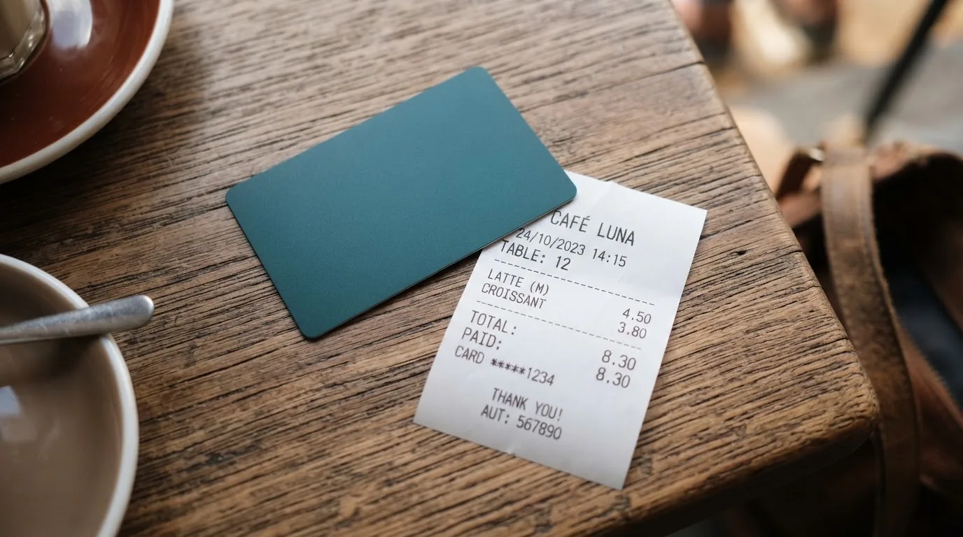 A receipt and a card on a café table