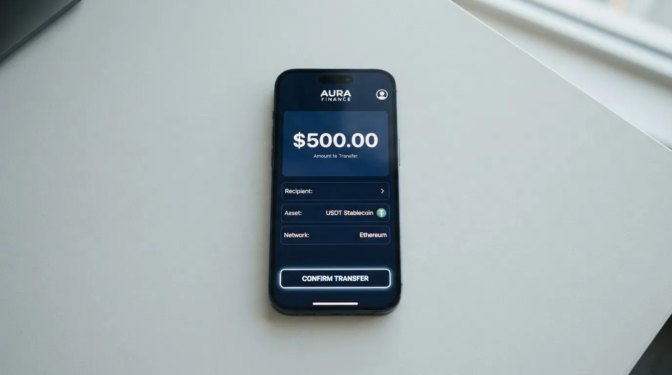 A phone showing a stablecoin transfer screen
