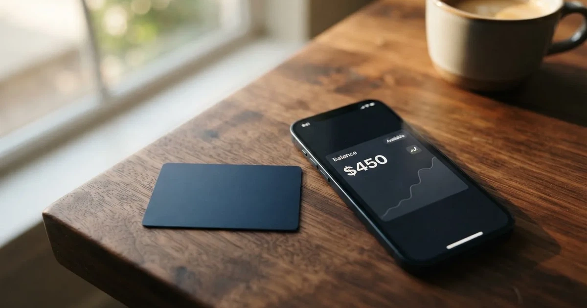 A payment card next to a phone with a crypto wallet app open