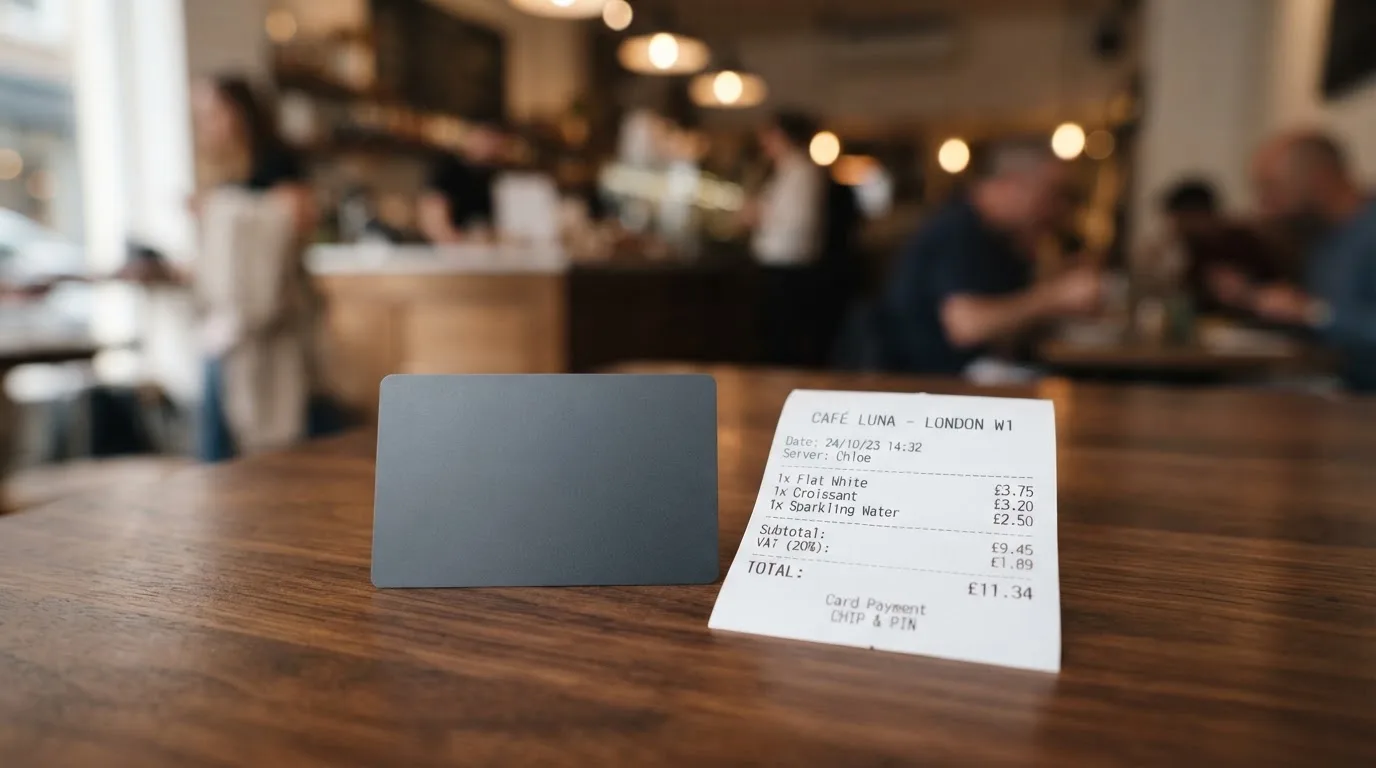 A receipt and a card on a café table