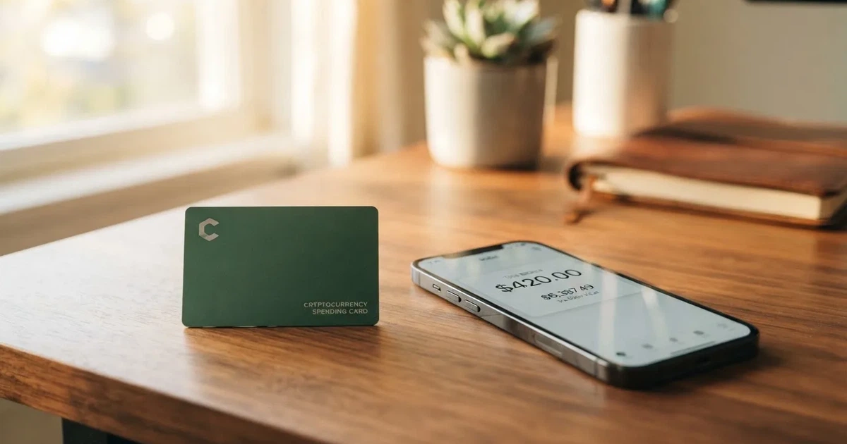 A payment card next to a phone with a crypto wallet app open