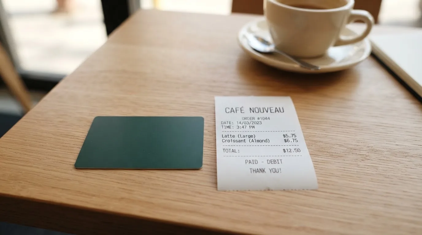 A receipt and a card on a café table