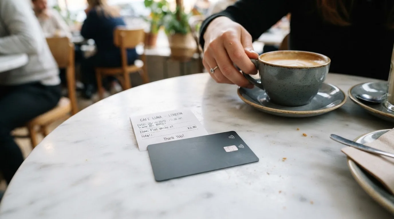 A receipt and a card on a café table