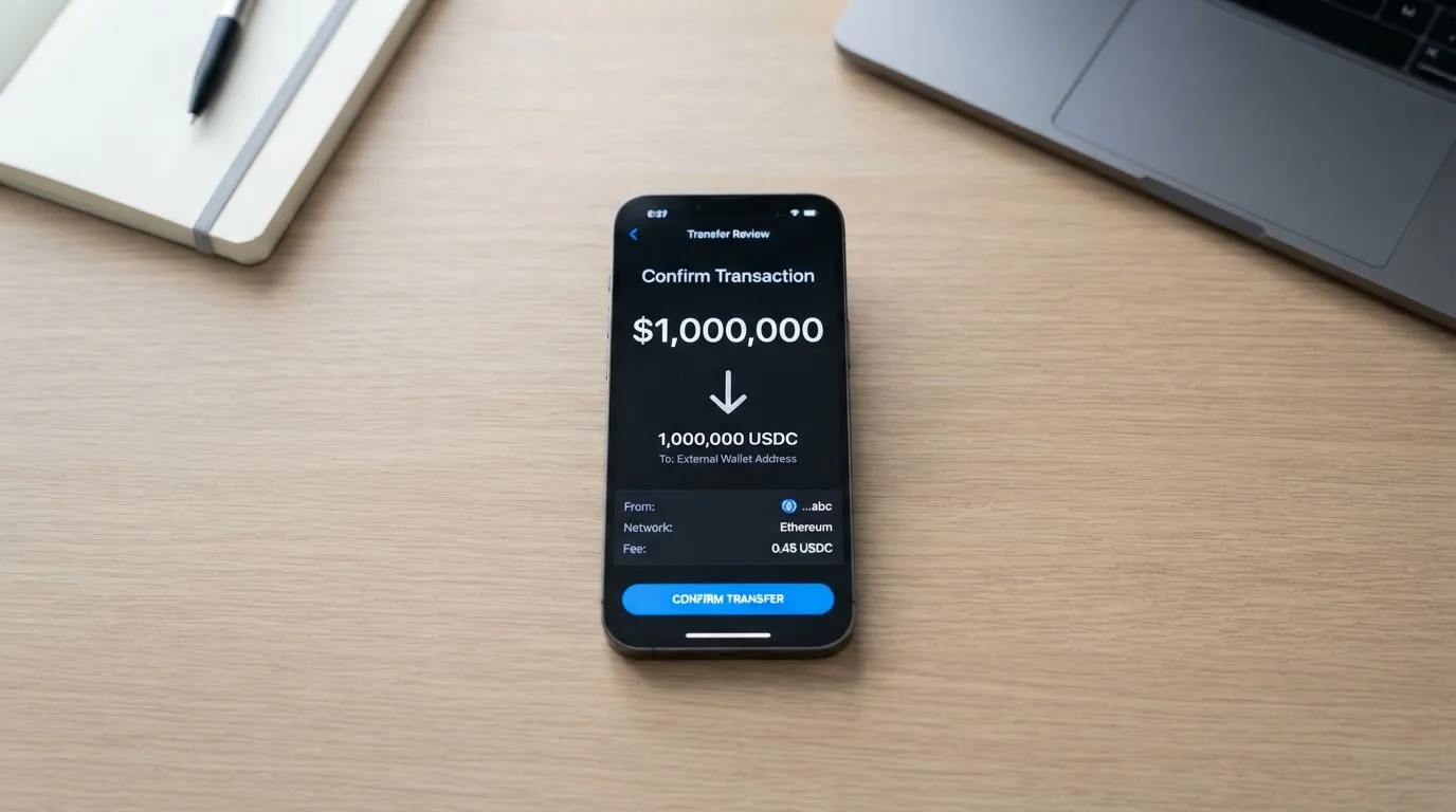 A phone showing a stablecoin transfer screen