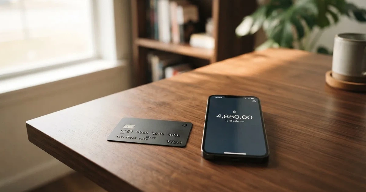 A payment card next to a phone with a crypto wallet app open