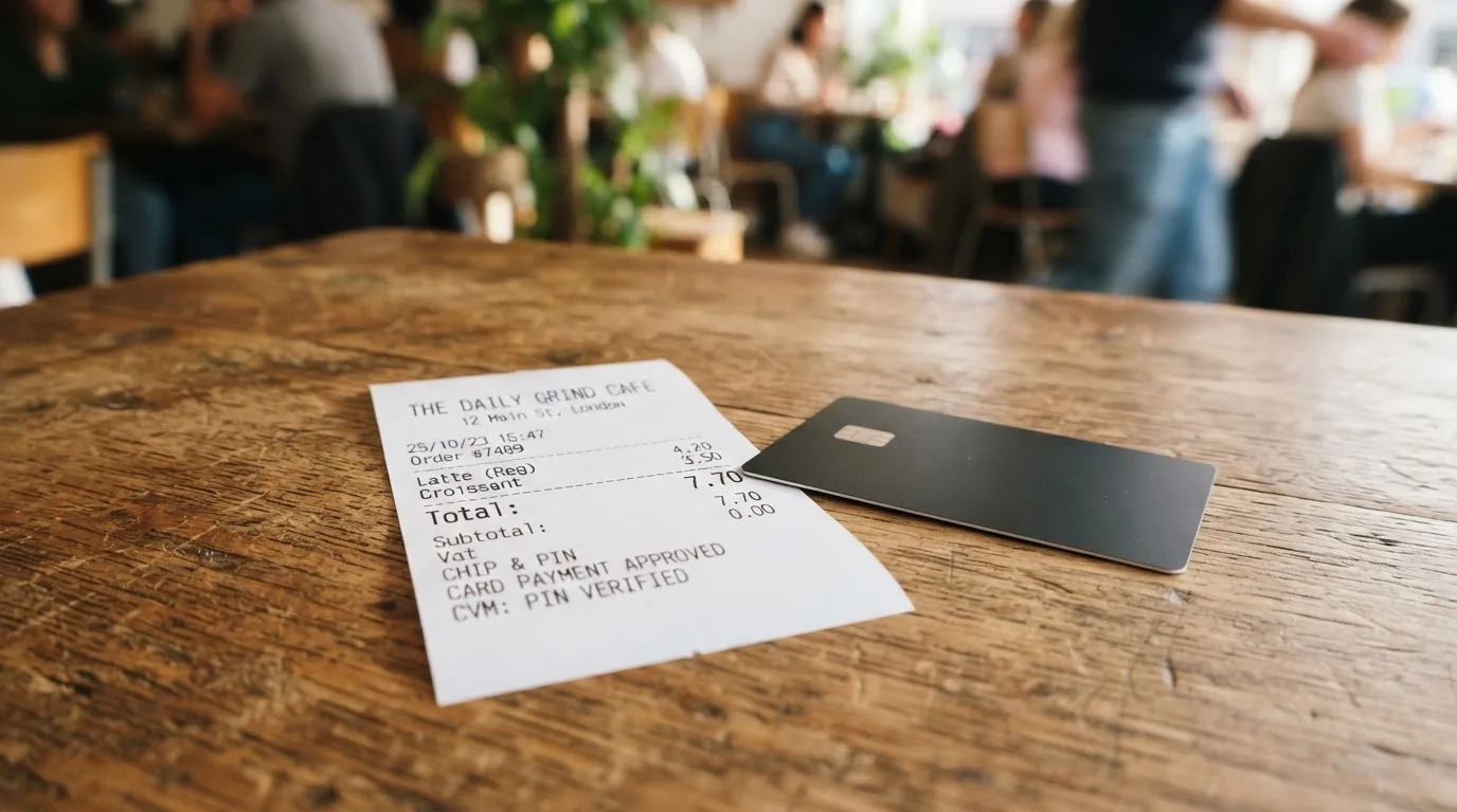 A receipt and a card on a café table