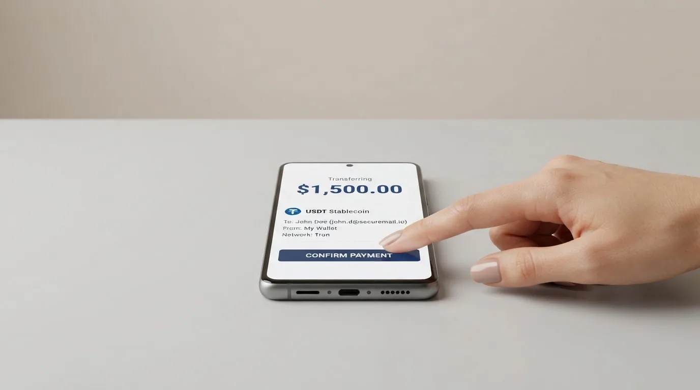 A phone showing a stablecoin transfer screen