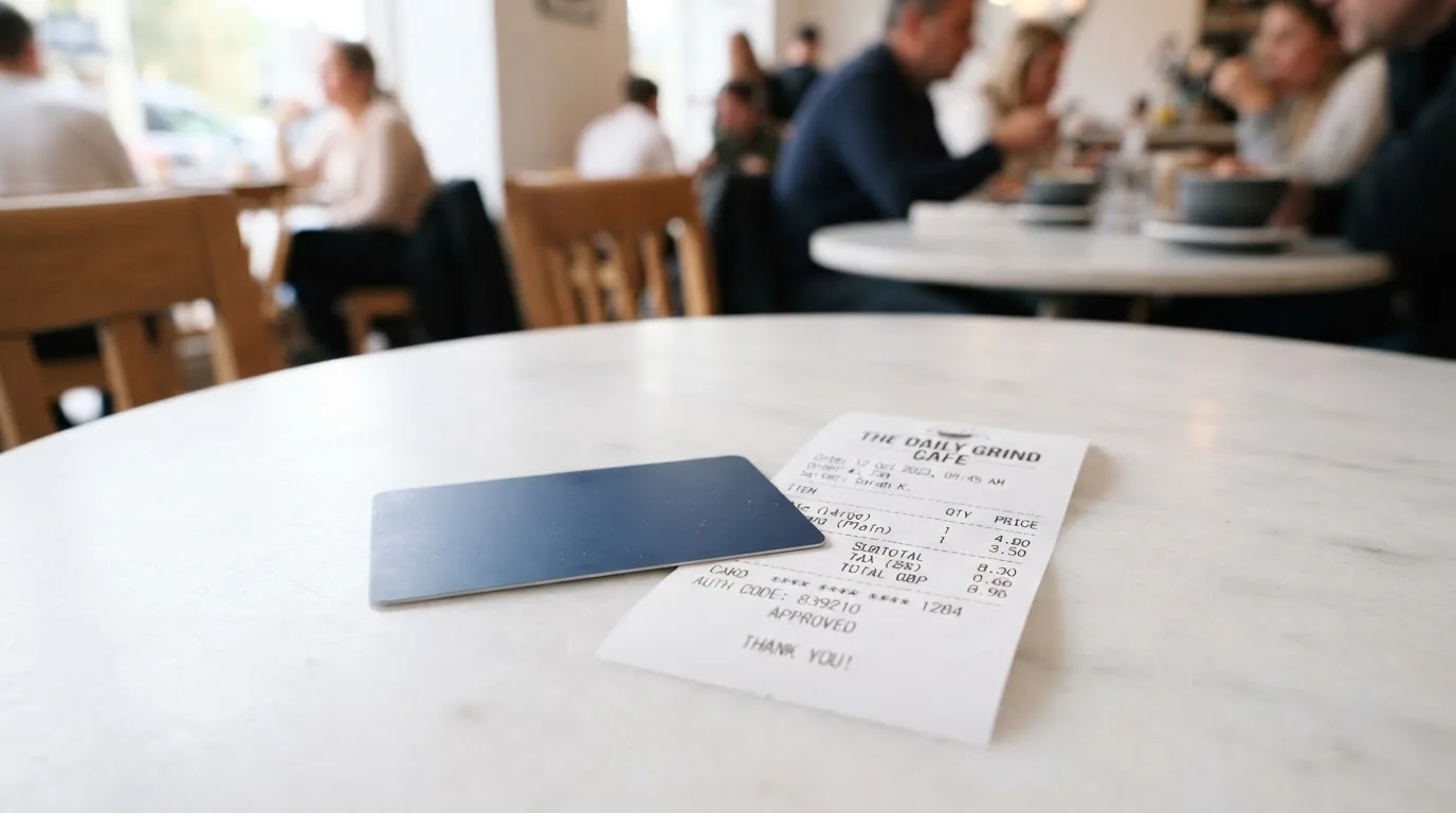A receipt and a card on a café table