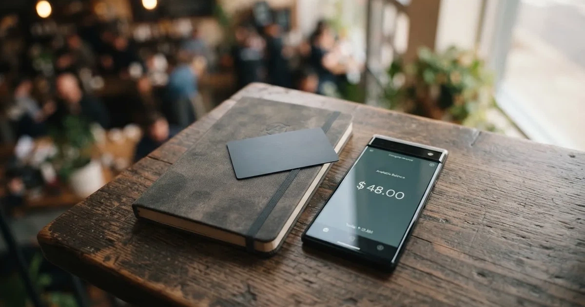 A payment card next to a phone with a crypto wallet app open