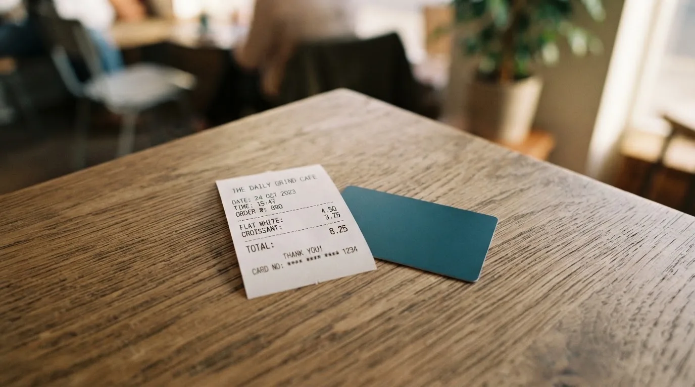 A receipt and a card on a café table