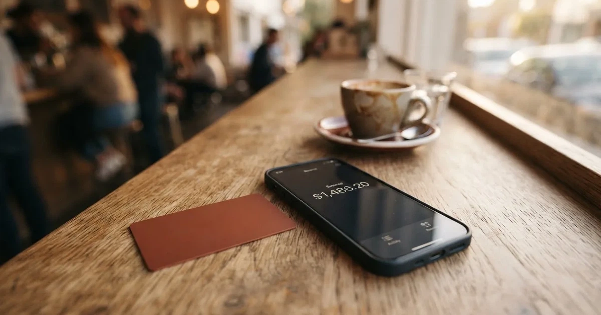 A payment card next to a phone with a crypto wallet app open