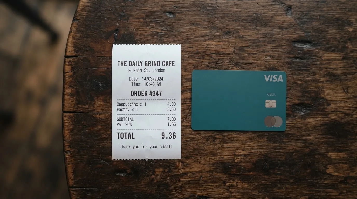 A receipt and a card on a café table