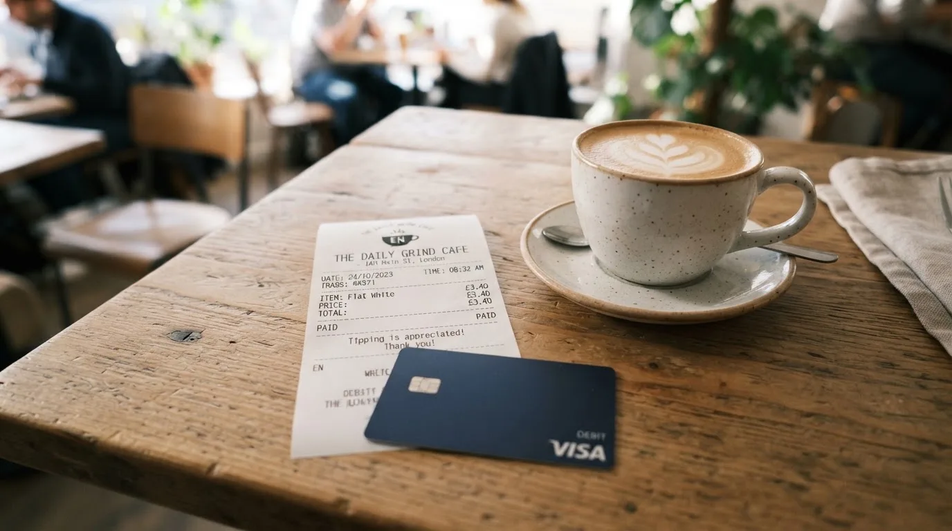 A receipt and a card on a café table