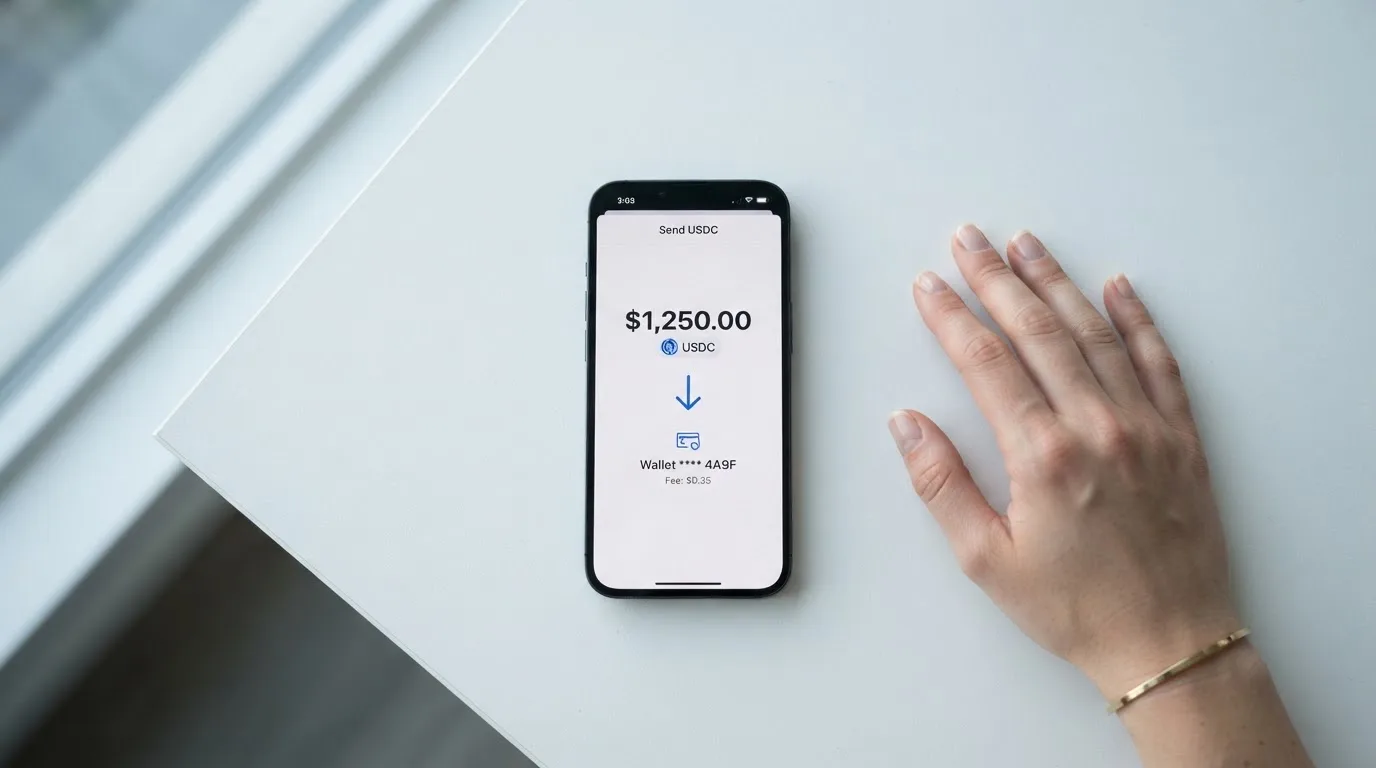 A phone showing a stablecoin transfer screen