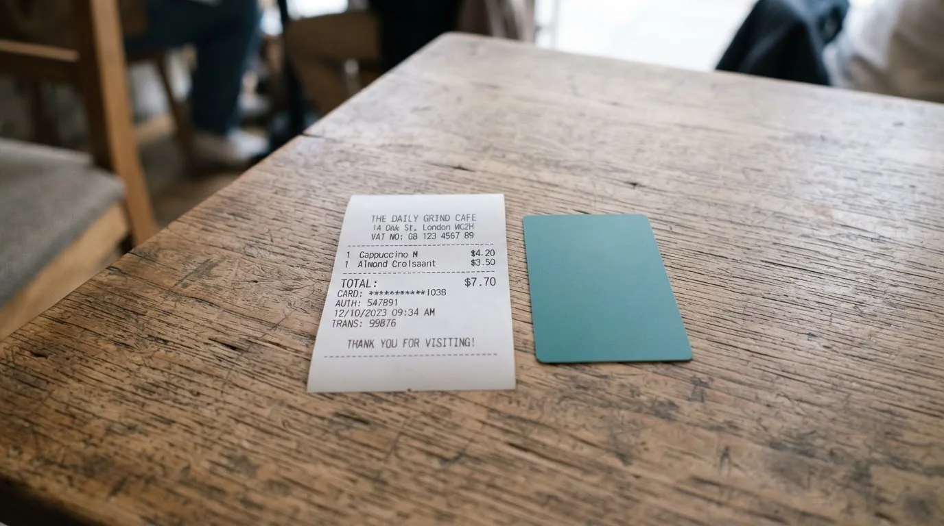 A receipt and a card on a café table