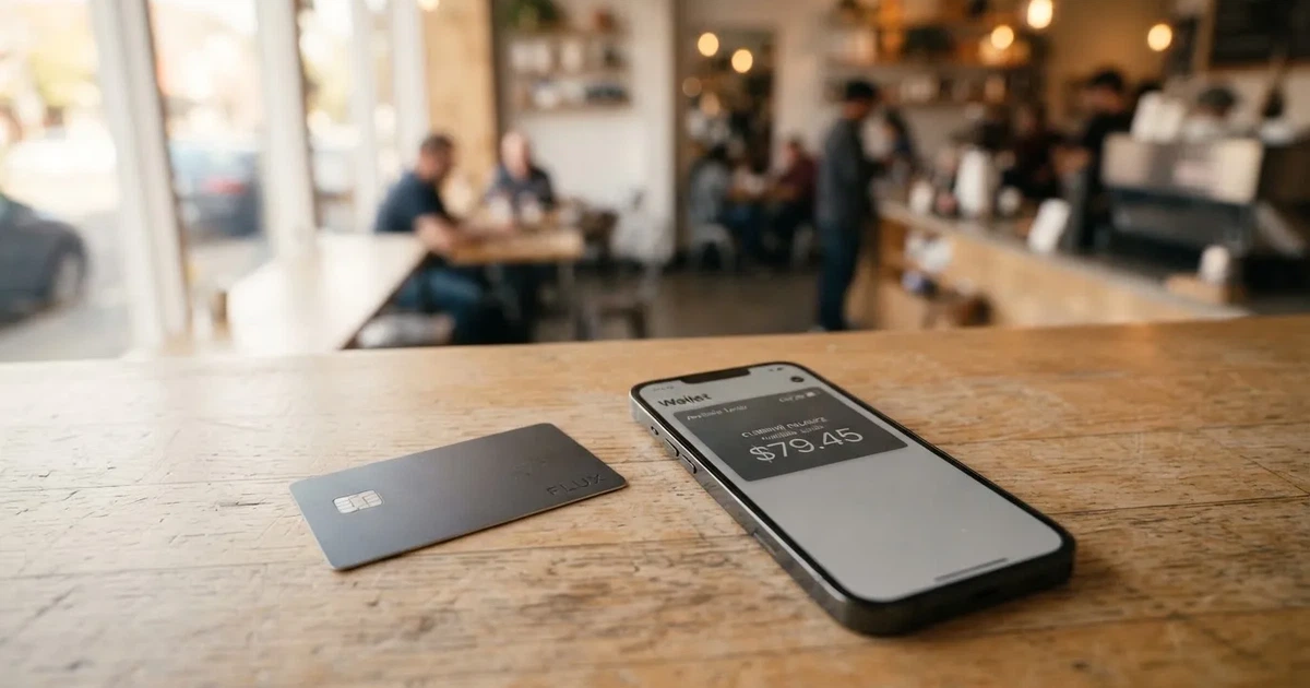 A payment card next to a phone with a crypto wallet app open