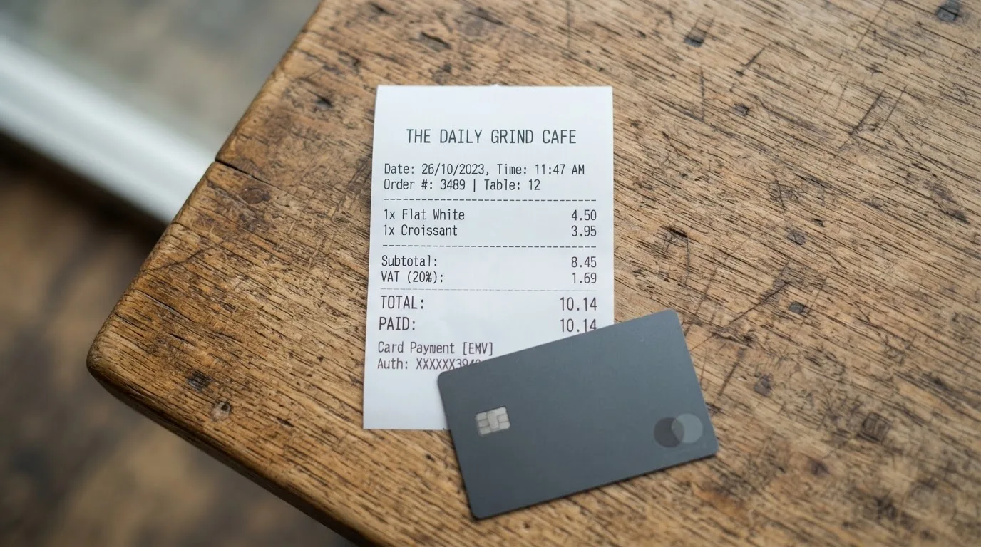 A receipt and a card on a café table
