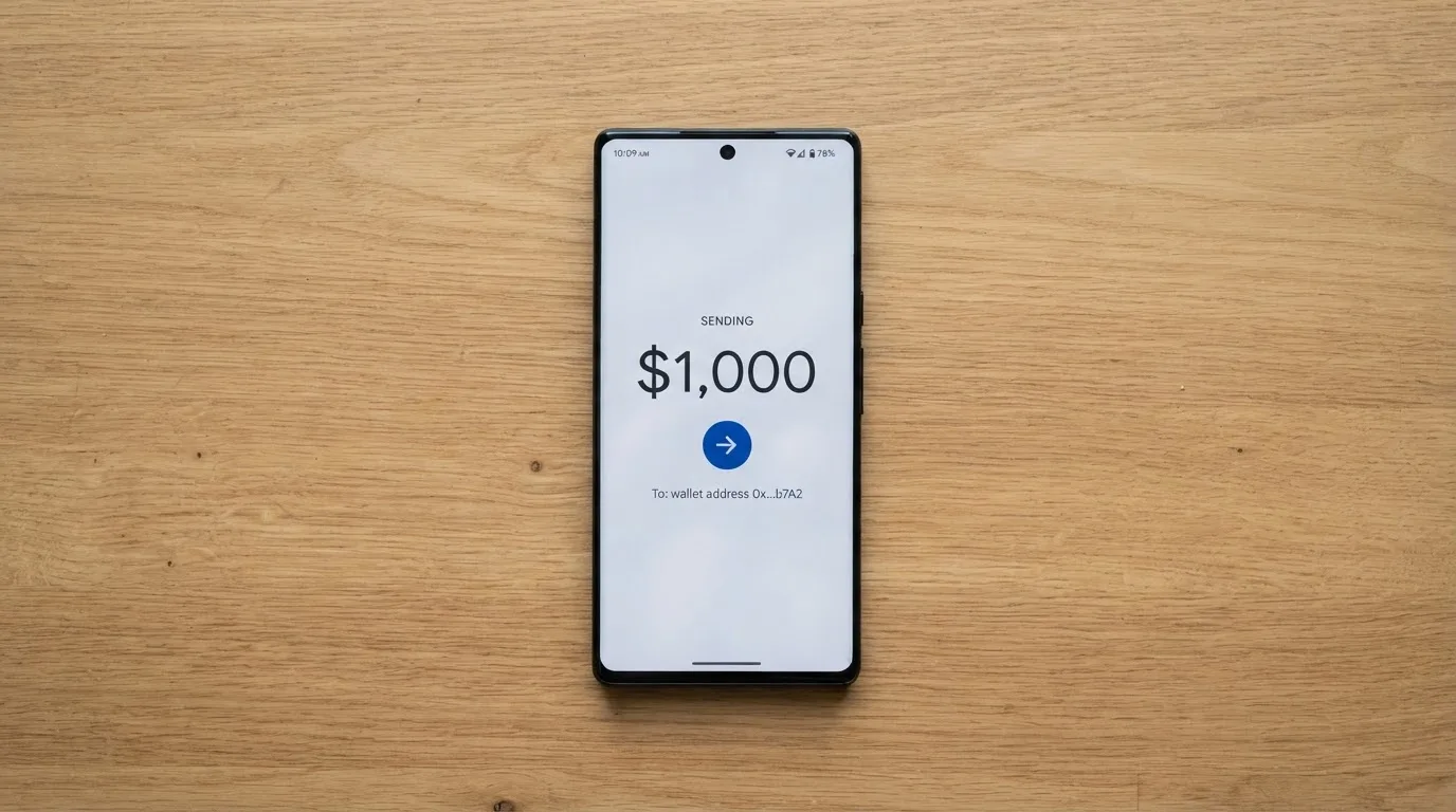 A phone showing a stablecoin transfer screen