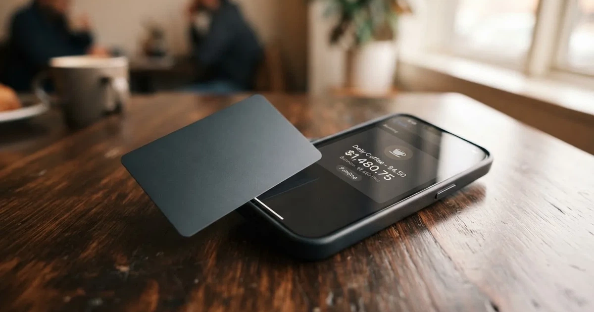 A payment card next to a phone with a crypto wallet app open