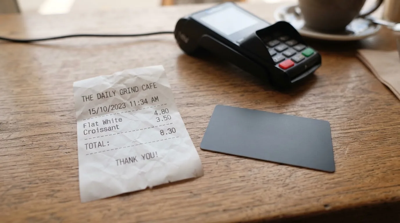 A receipt and a card on a café table
