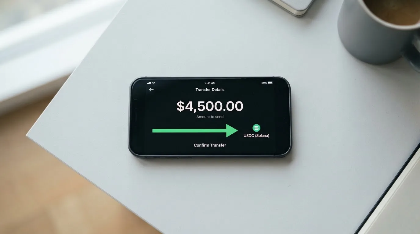 A phone showing a stablecoin transfer screen