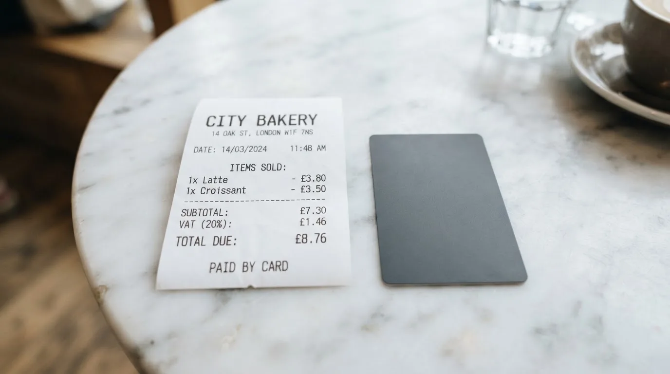 A receipt and a card on a café table