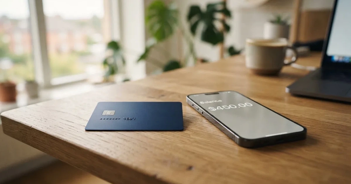 A payment card next to a phone with a crypto wallet app open