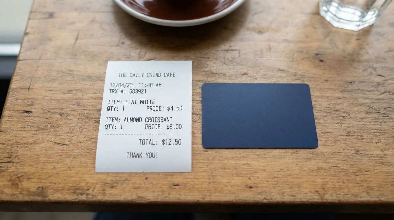 A receipt and a card on a café table