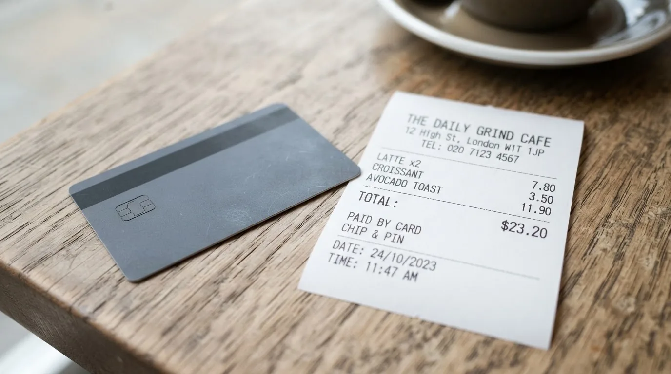 A receipt and a card on a café table