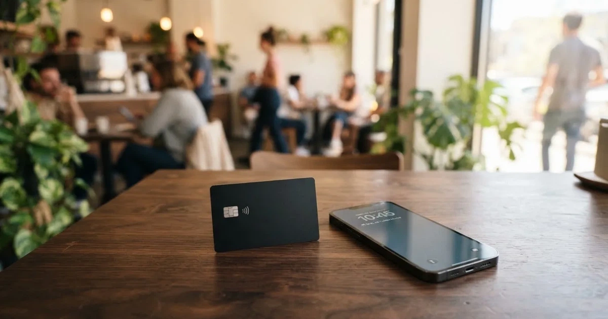 A payment card next to a phone with a crypto wallet app open