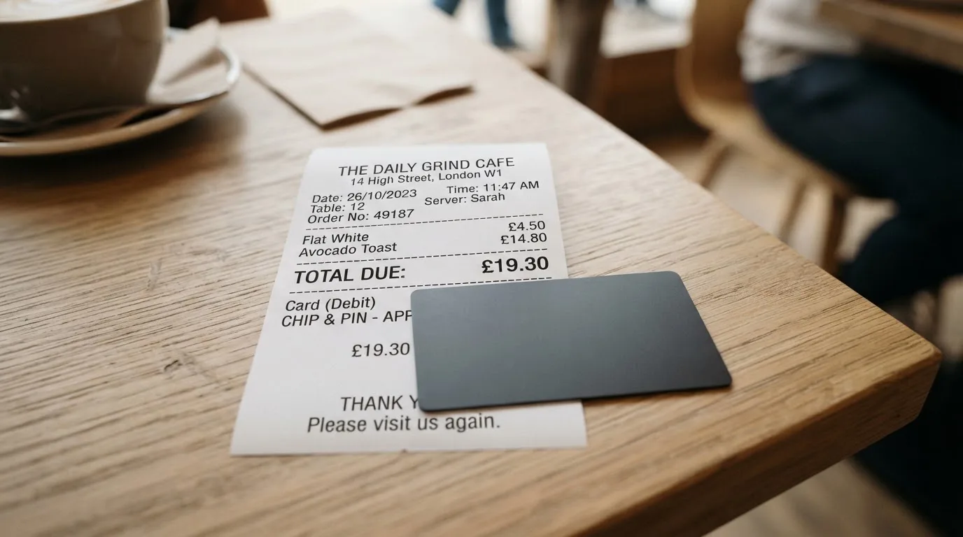 A receipt and a card on a café table