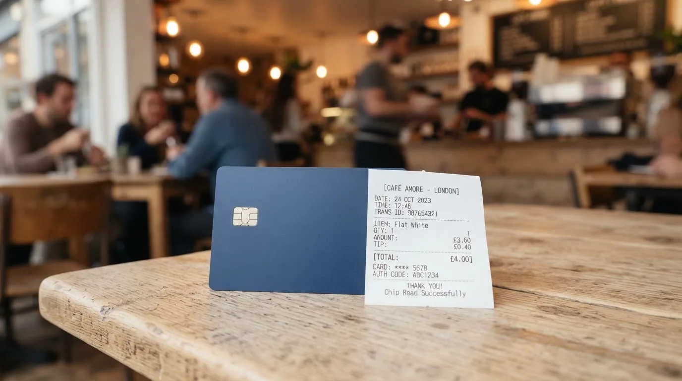 A receipt and a card on a café table