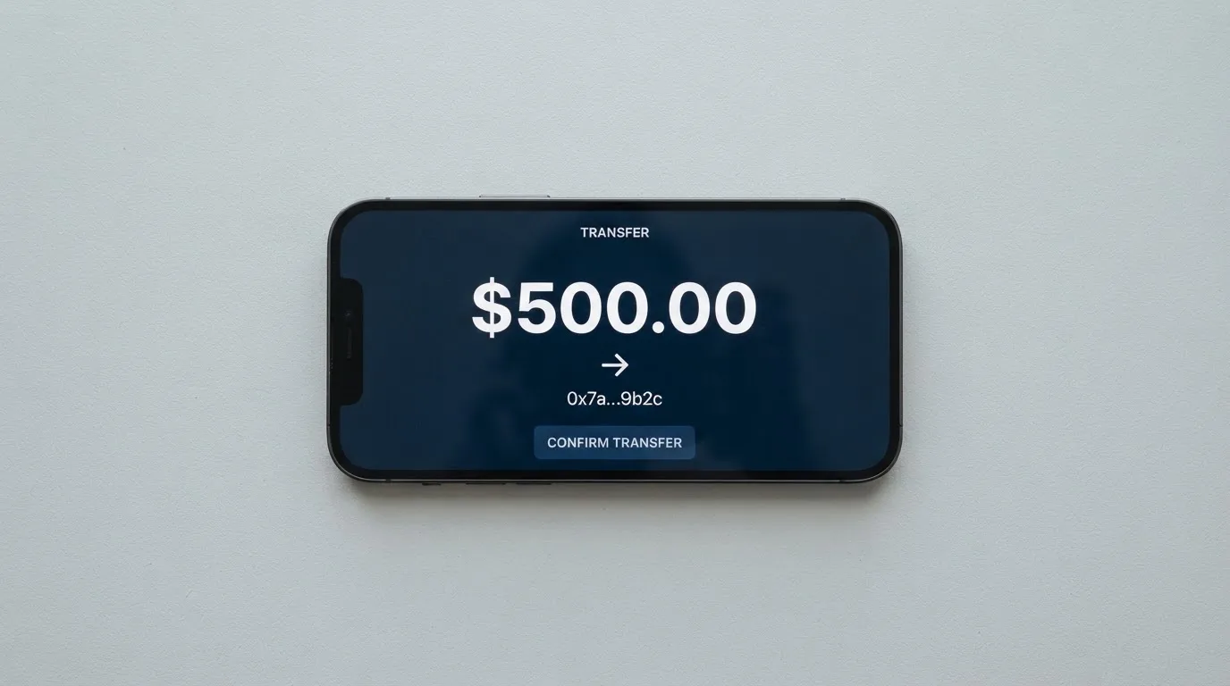 A phone showing a stablecoin transfer screen